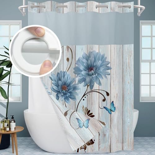 AZHM Rustic Blue Daisy Shower Curtain Set