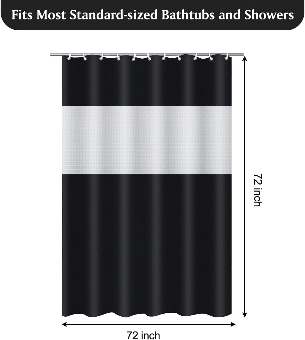 Timecity Black PEVA Shower Curtain with 12 White Hooks