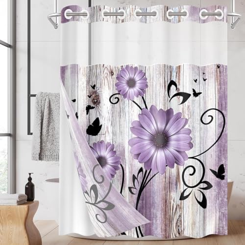 Nesphy Purple Flower Shower Curtain Set with Snap Lining 1