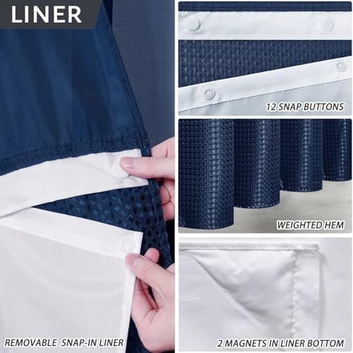 Furlinic No Hook Waffle Shower Curtain Set Navy Blue 36x72 Inch