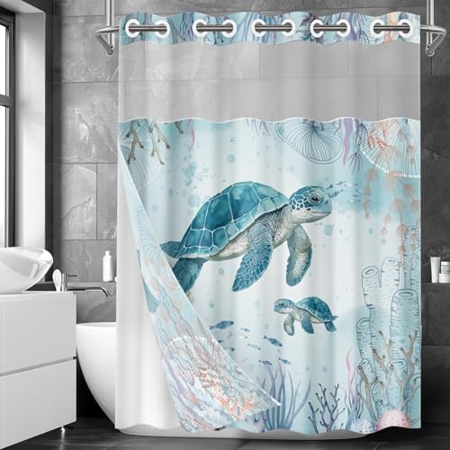 Nesphy No Hook Sea Turtles Shower Curtain Set