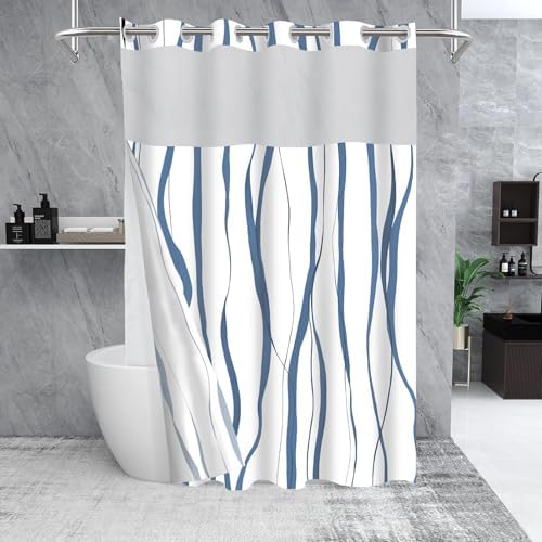 71x84 Inches White Hotel Style Shower Curtain Set with Blue Striped Design