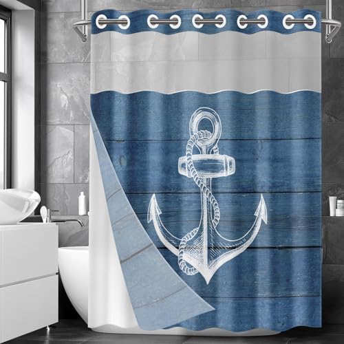 Nesphy Navy Blue No Hook Anchor Wooden Board Shower Curtain Set