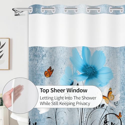 Beautiful Butterfly Shower Curtain with Aqua Floral Pattern