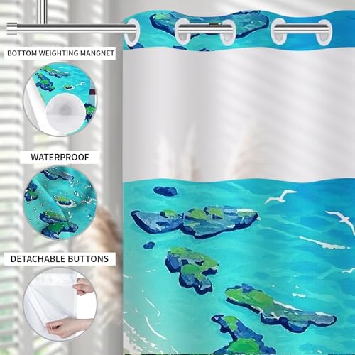 No Hook Beach Shower Curtain Set - Tropical Lighthouse Design in Summer Blue