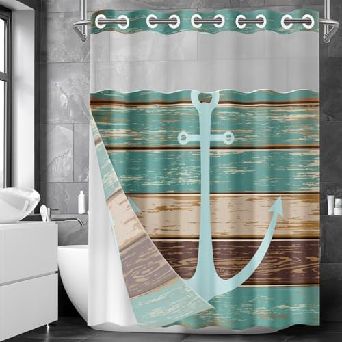 Nesphy No Hook Anchor Wooden Board Shower Curtain Set 1