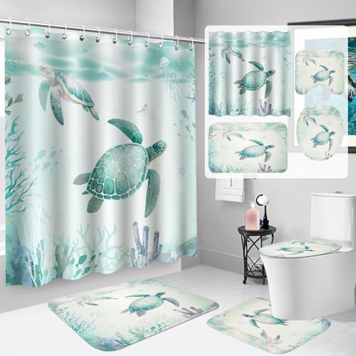 4Pcs Sea Turtle Shower Curtain Set with Non-Slip Rug and Hooks
