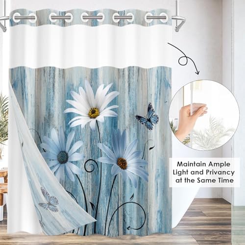Nesphy No Hook Blue Daisy Shower Curtain Set