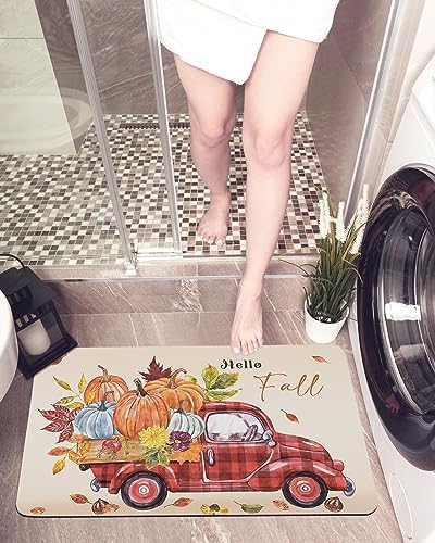 Bath Mat with Fall Pumpkins and Maple Leaves Design
