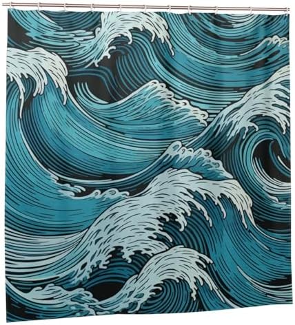 Blue Wave Shower Curtain with 12 Hooks 72x72in