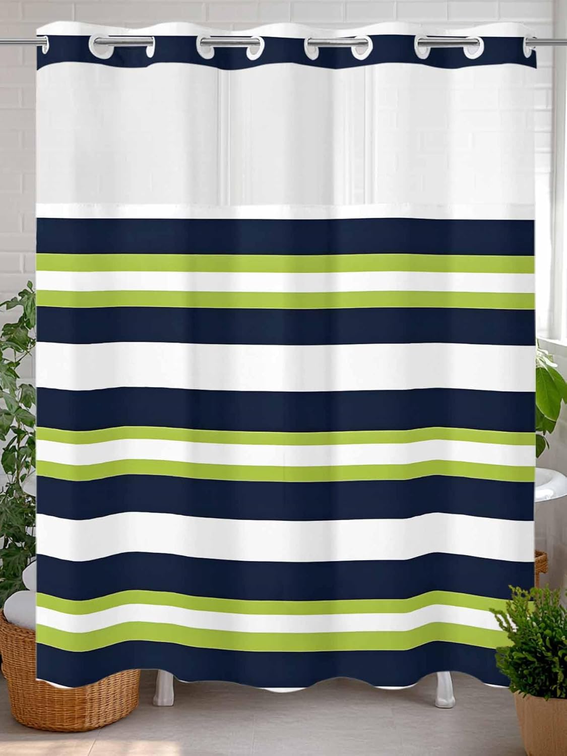 No Hooks Shower Curtain Set with Snap Liner Classic Stripes 72x72in