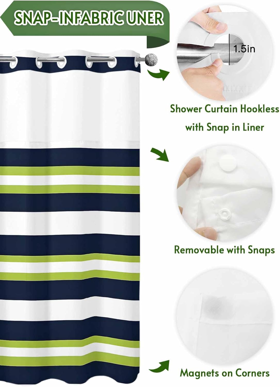 No Hooks Shower Curtain Set with Snap Liner Classic Stripes 72x72in