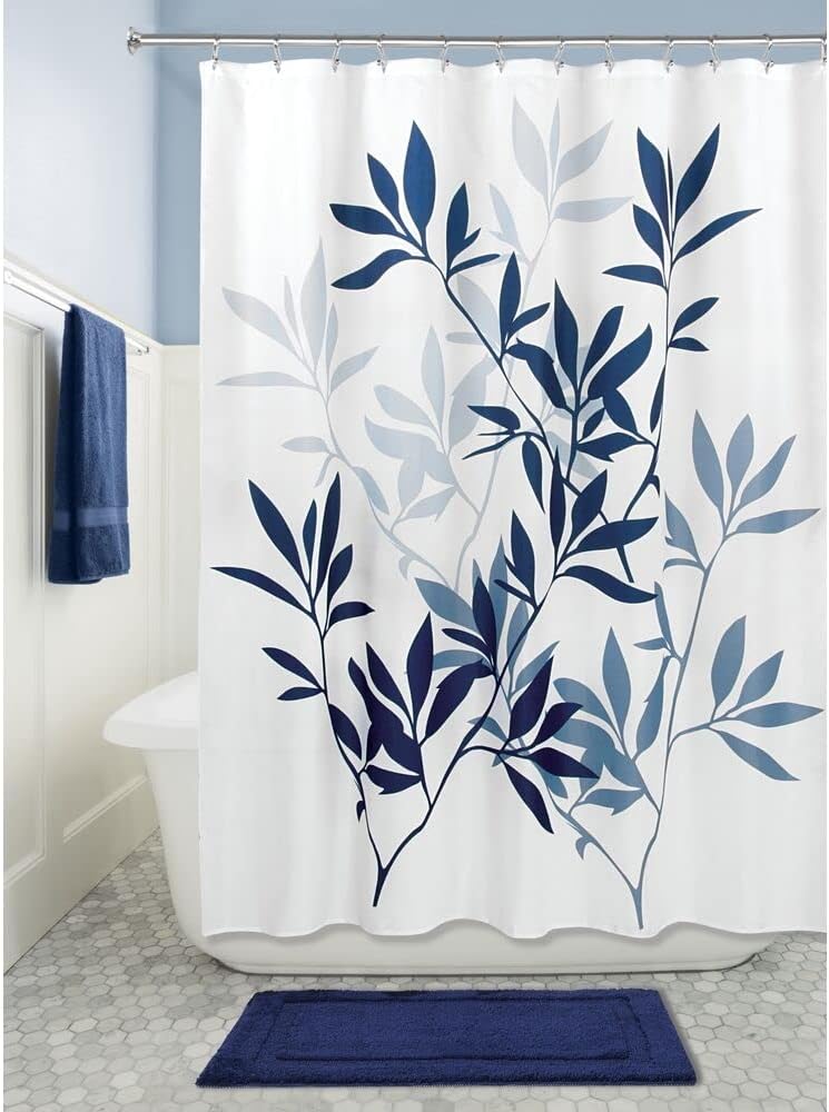 InterDesign Leaves Botanical Shower Curtain 72x72 White Blue
