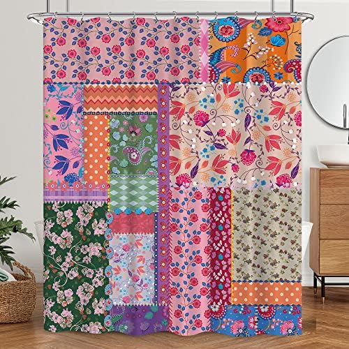 Laifzere Patchwork Boho Floral Shower Curtain Set 60x72 Inch with Hooks