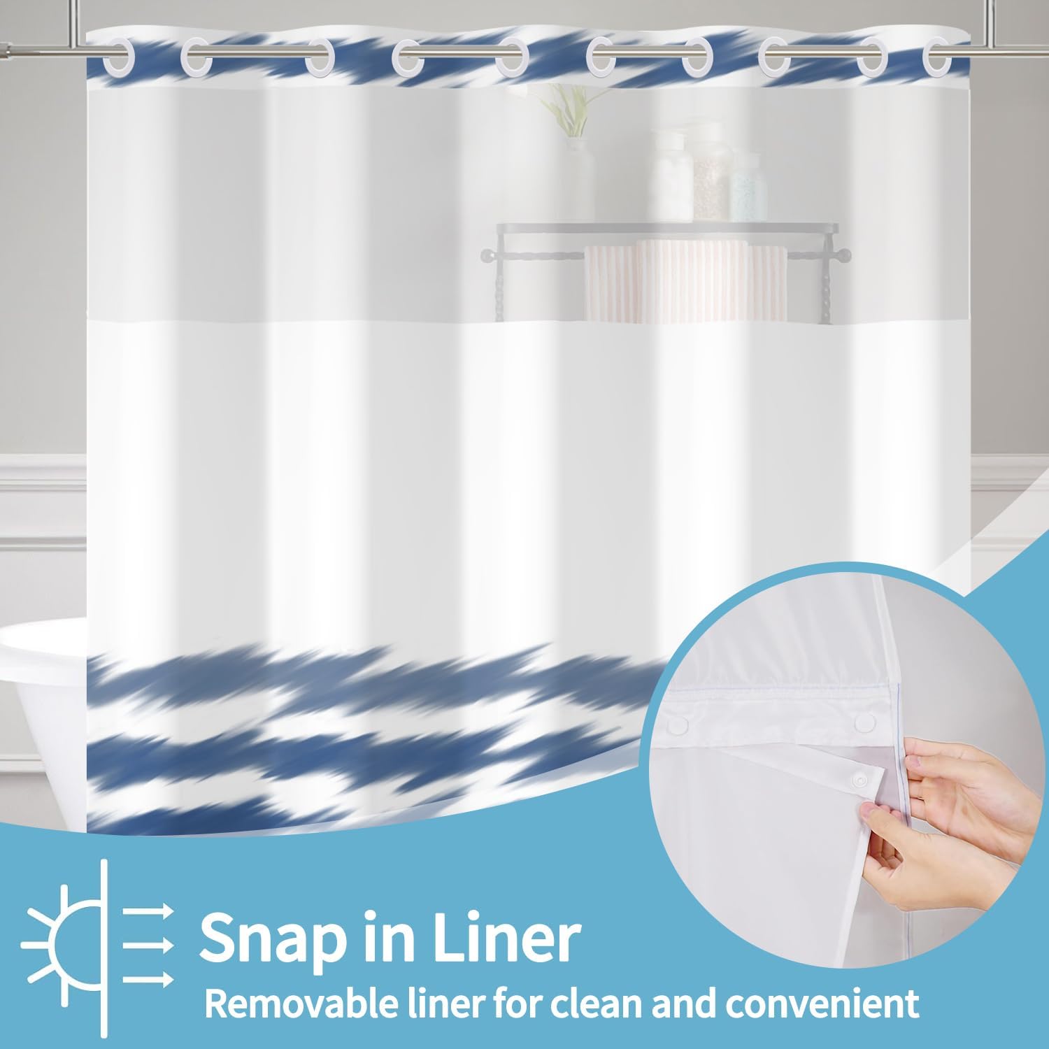 No Hook Blue Striped Shower Curtain Set with Snap Liner and Mesh