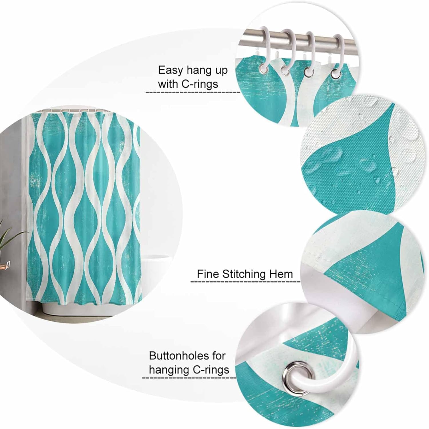 ZOE GARDEN Aqua White Wave Bathroom Set with Mat and Hooks