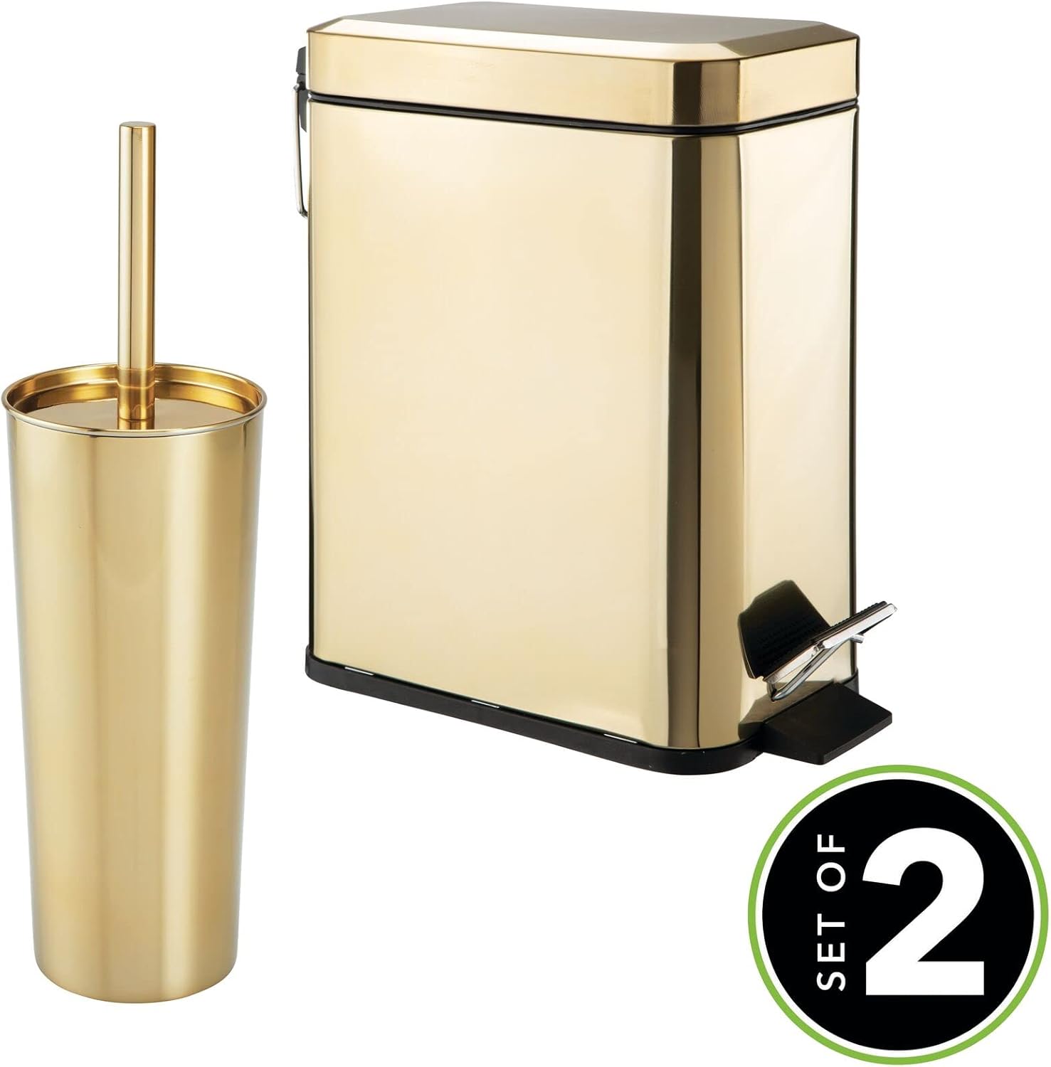 mDesign Metal Toilet Brush with Holder and Step Pedal Trash Can Set