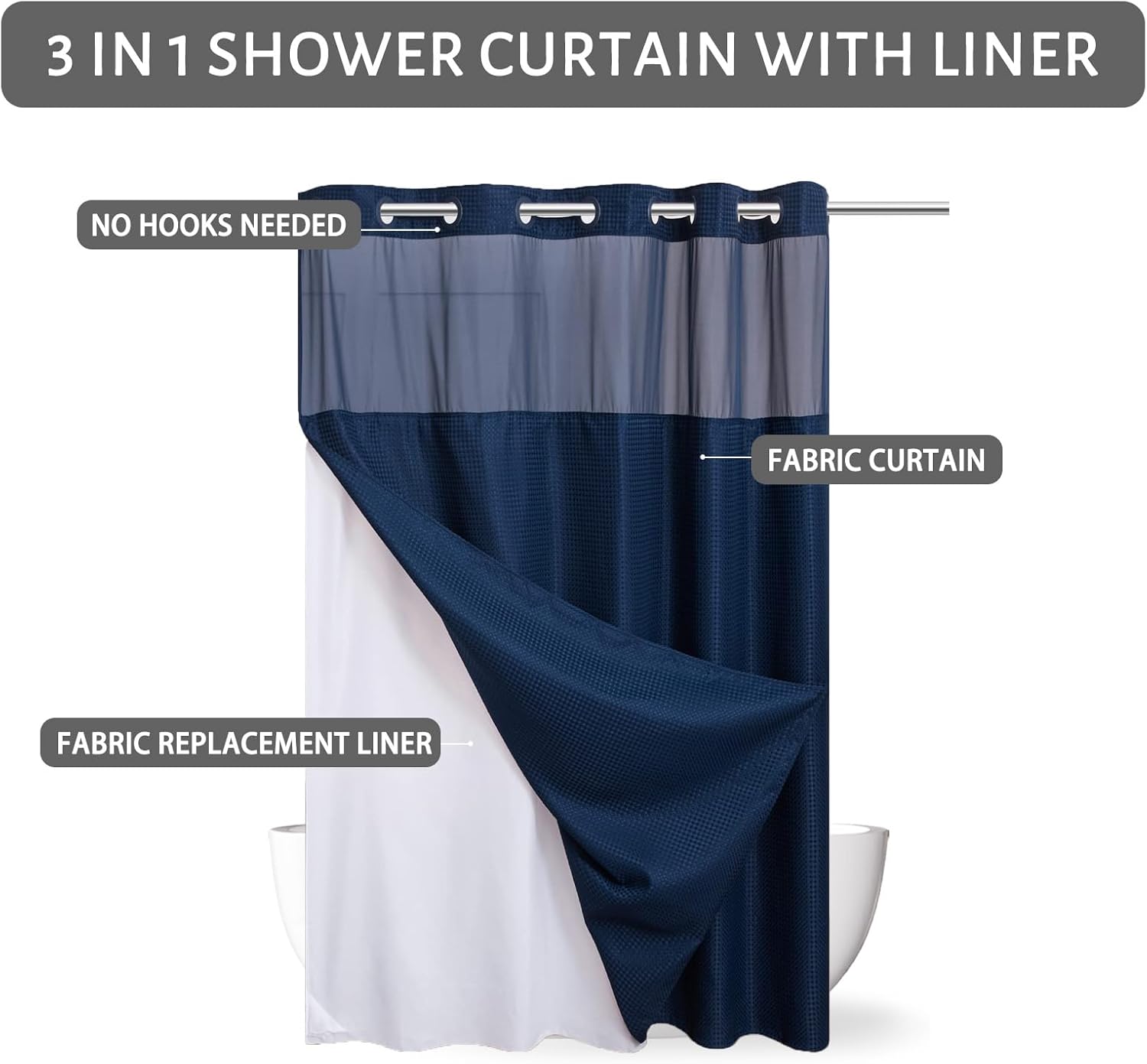 Furlinic No Hook Waffle Shower Curtain Set Navy Blue 36x72 Inch