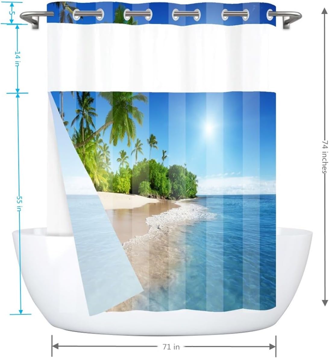 Mimihome No Hook Shower Curtain with Snap Liner Ocean Blue 71x74 Inches