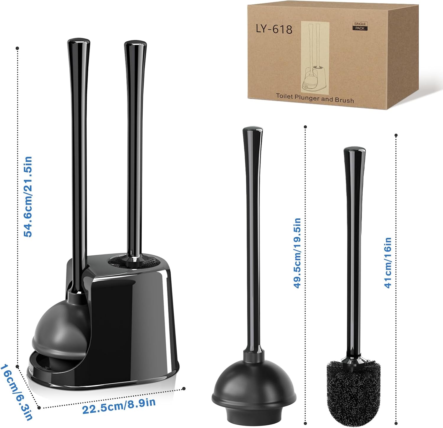Trenti Toilet Plunger and Brush Set with Holder 2 Pack Black