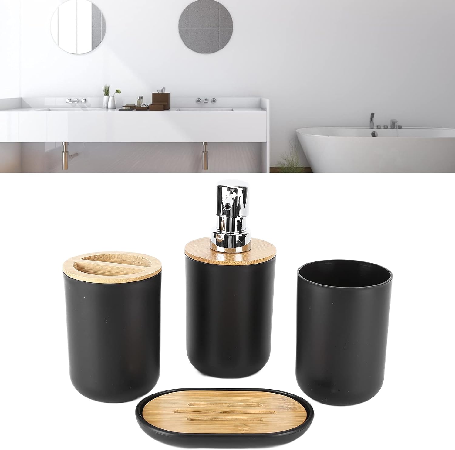 EBTOOLS Set of 4 Bathroom Accessories in Plastic and Bamboo