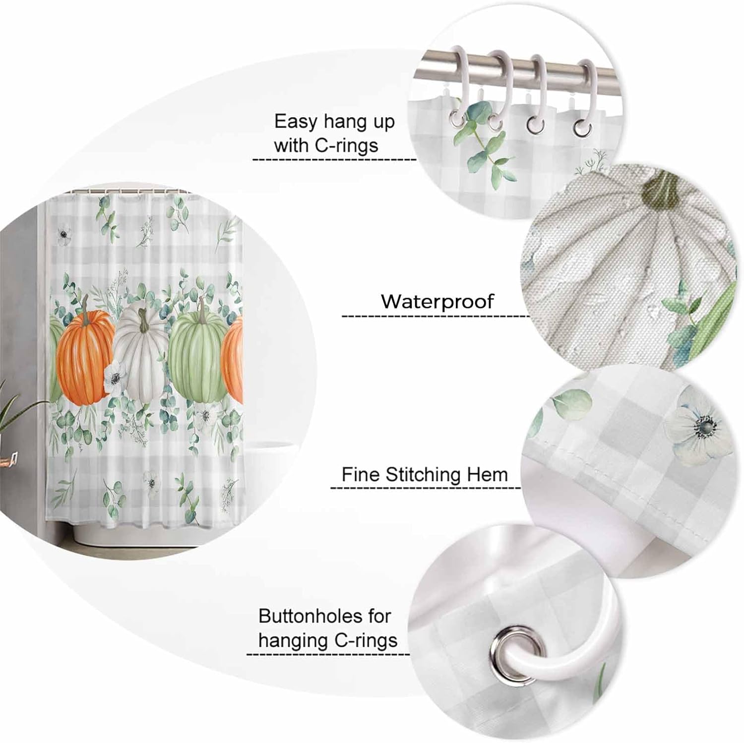 ZOE GARDEN Orange Green White Pumpkin Shower Curtain Set with Hook 48x72