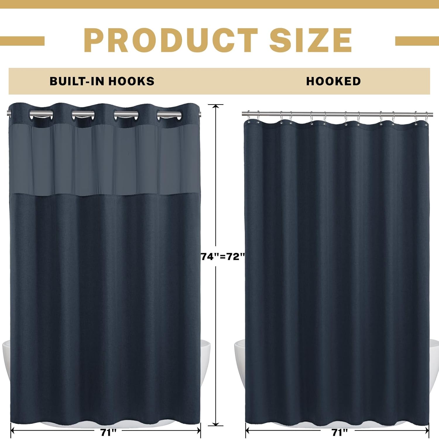 WONICY No Hook Shower Curtain Set with Liner Navy 71x74