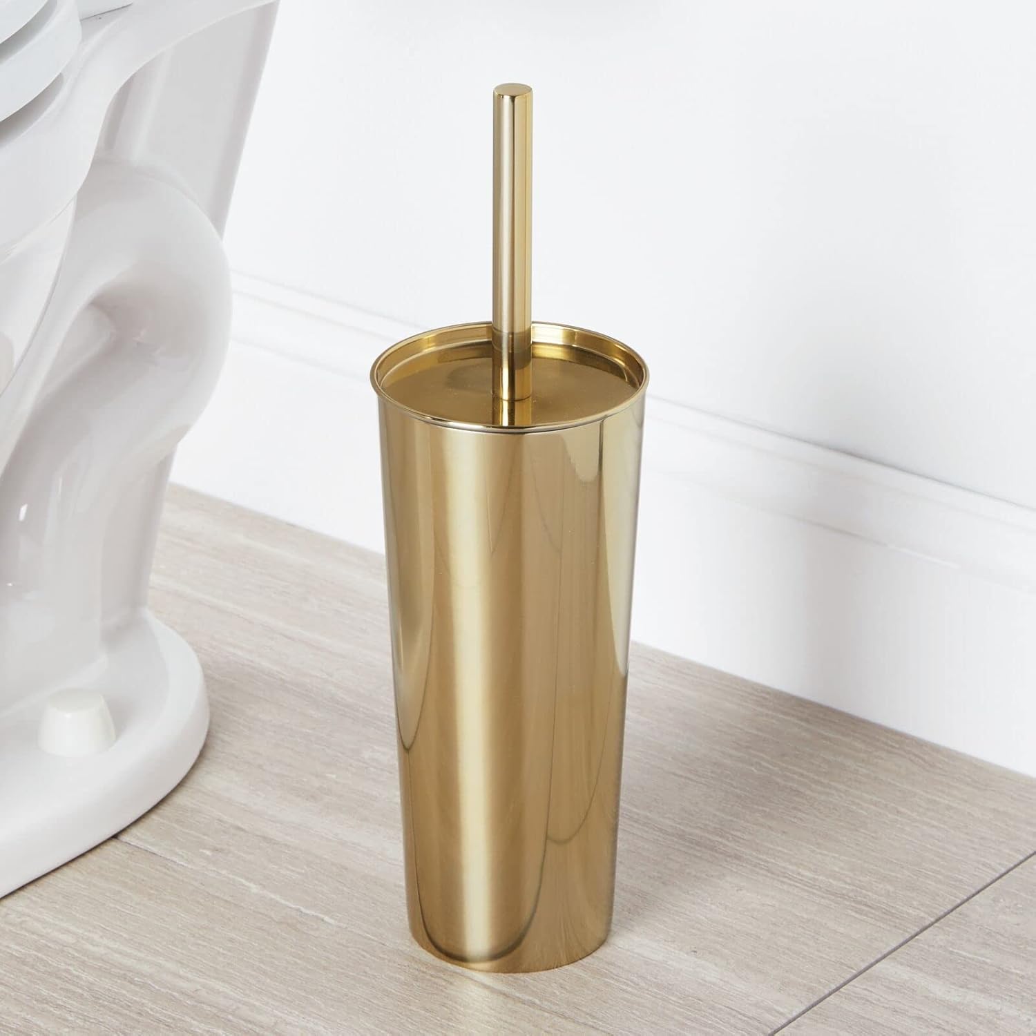 mDesign Metal Toilet Brush with Holder and Step Pedal Trash Can Set