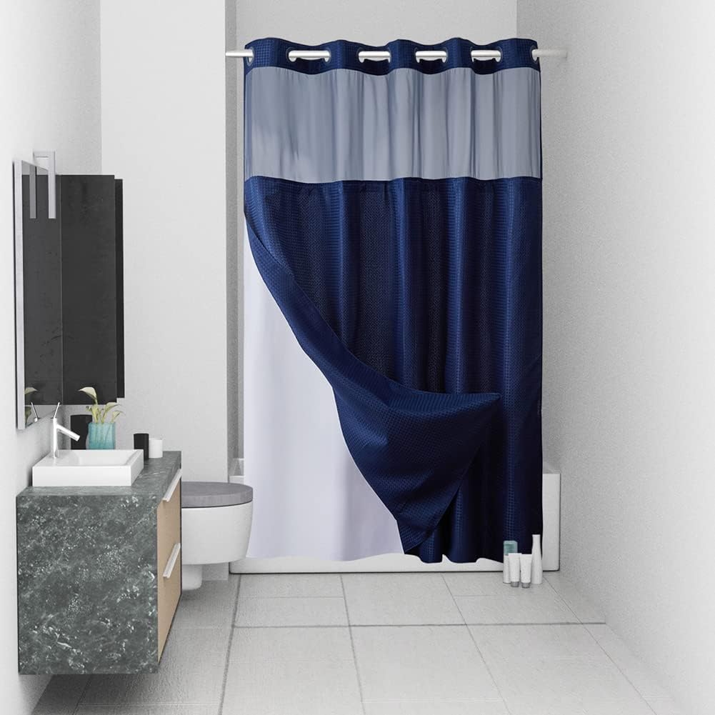 Furlinic No Hook Waffle Shower Curtain Set Navy Blue 36x72 Inch