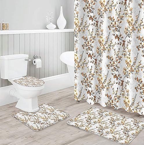 ZOE GARDEN Brown Flower Leaves Shower Curtain Set