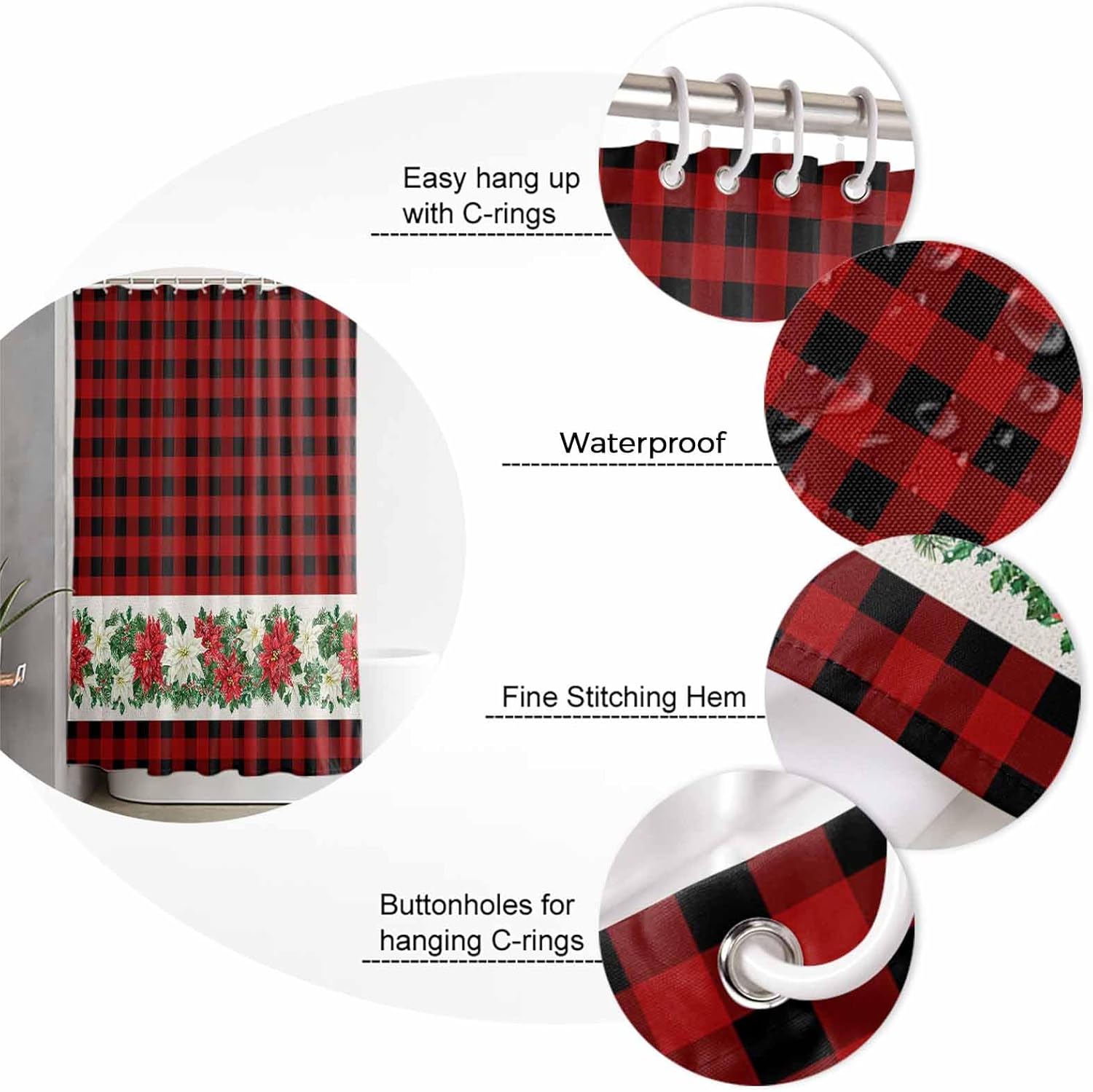 ZOE GARDEN Poinsettia Bathroom Set with Shower Curtain Rug and Hooks