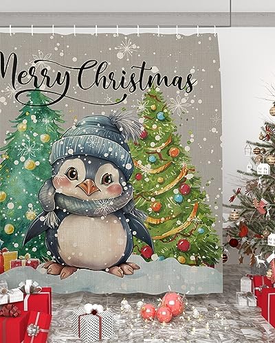 Christmas Penguin Bathroom Set with Shower Curtain and Rug