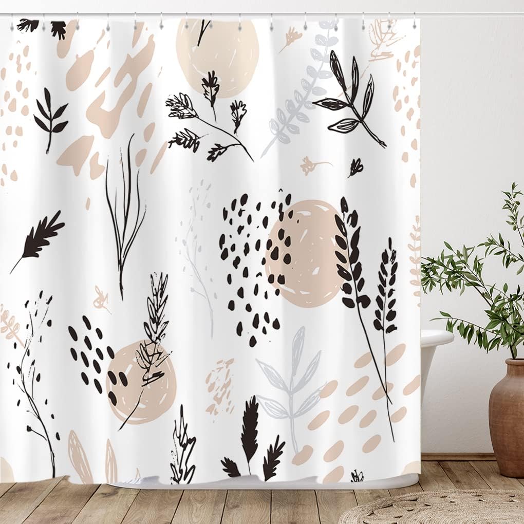 Tititex Abstract Botanical Shower Curtain Set 70x70 Inch Waterproof with 12 Hooks