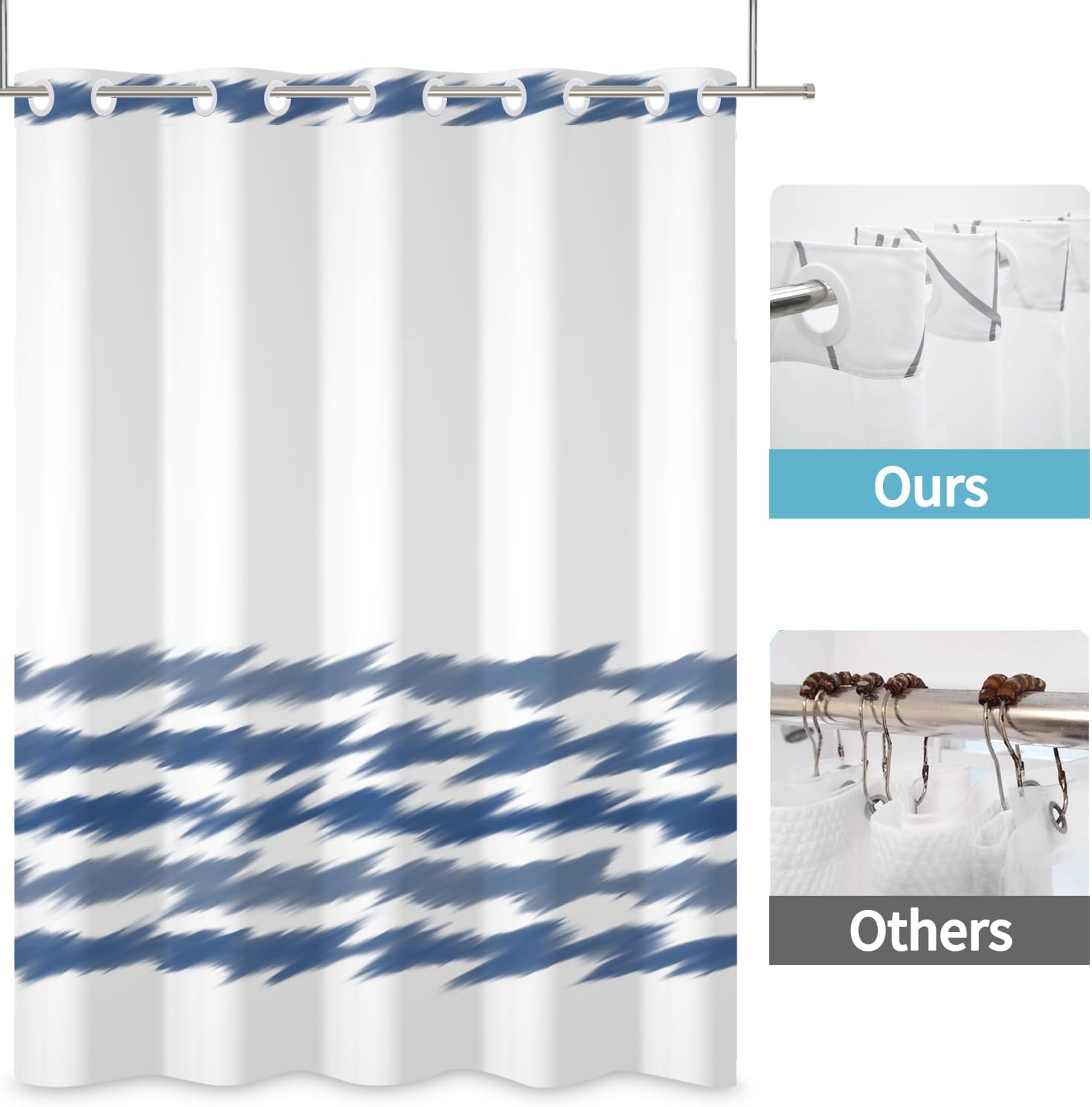No Hook Blue Striped Shower Curtain Set with Snap Liner and Mesh