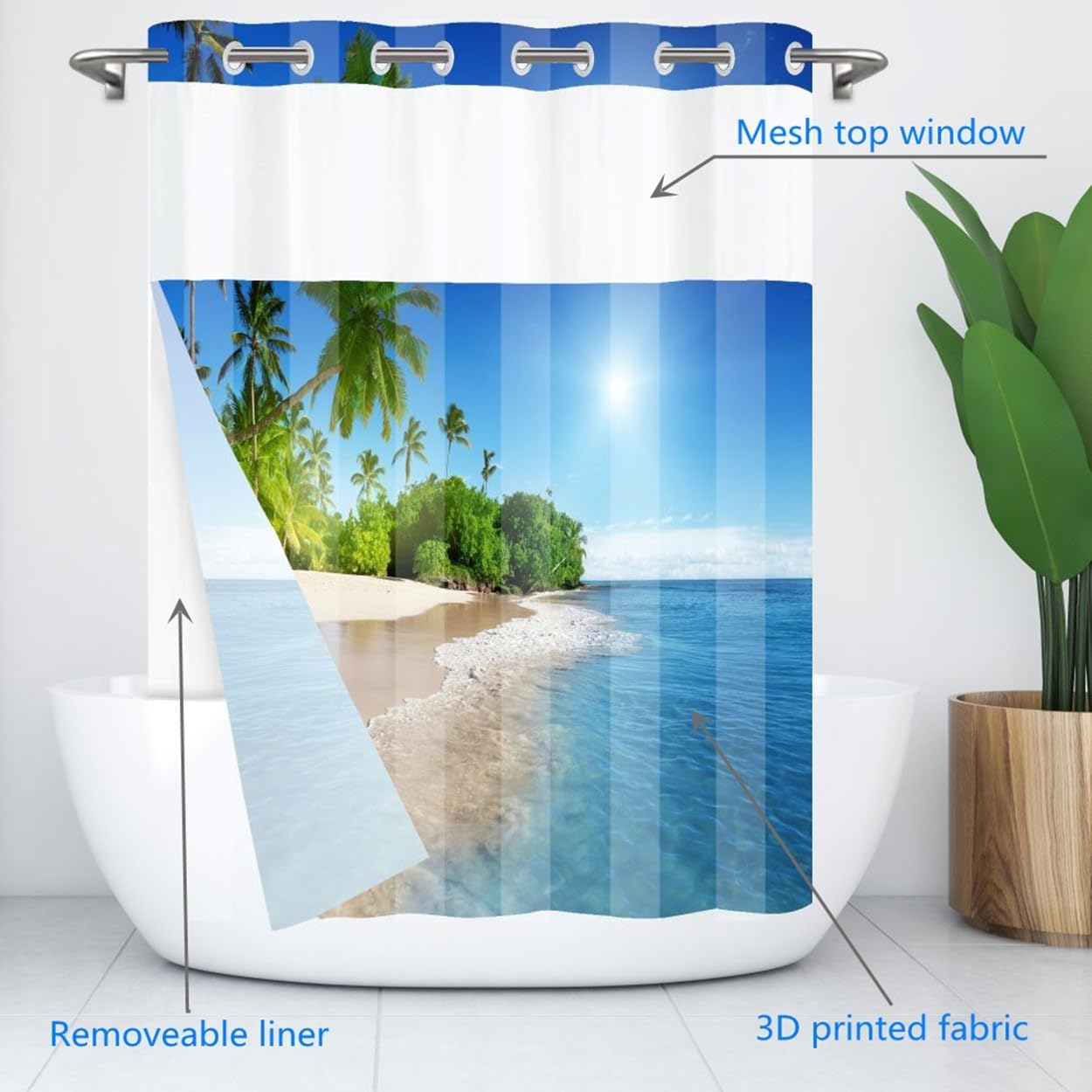 Mimihome No Hook Shower Curtain with Snap Liner Ocean Blue 71x74 Inches