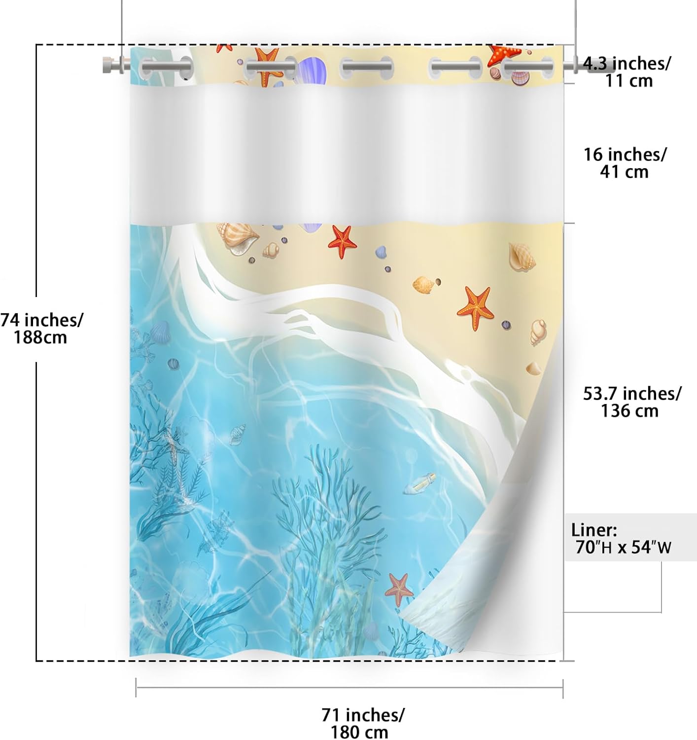 No Hook Beach Shower Curtain Set with Snap Liner 71x74 Inches