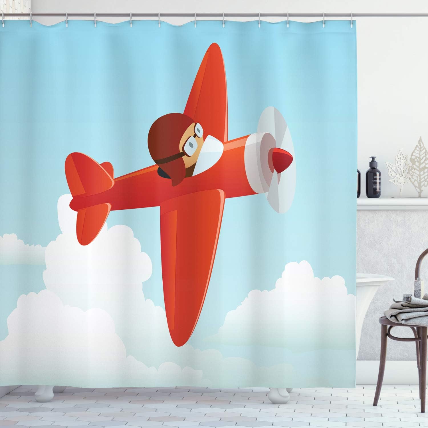Ambesonne Plane Shower Curtain with 12 Hooks Orange Blue