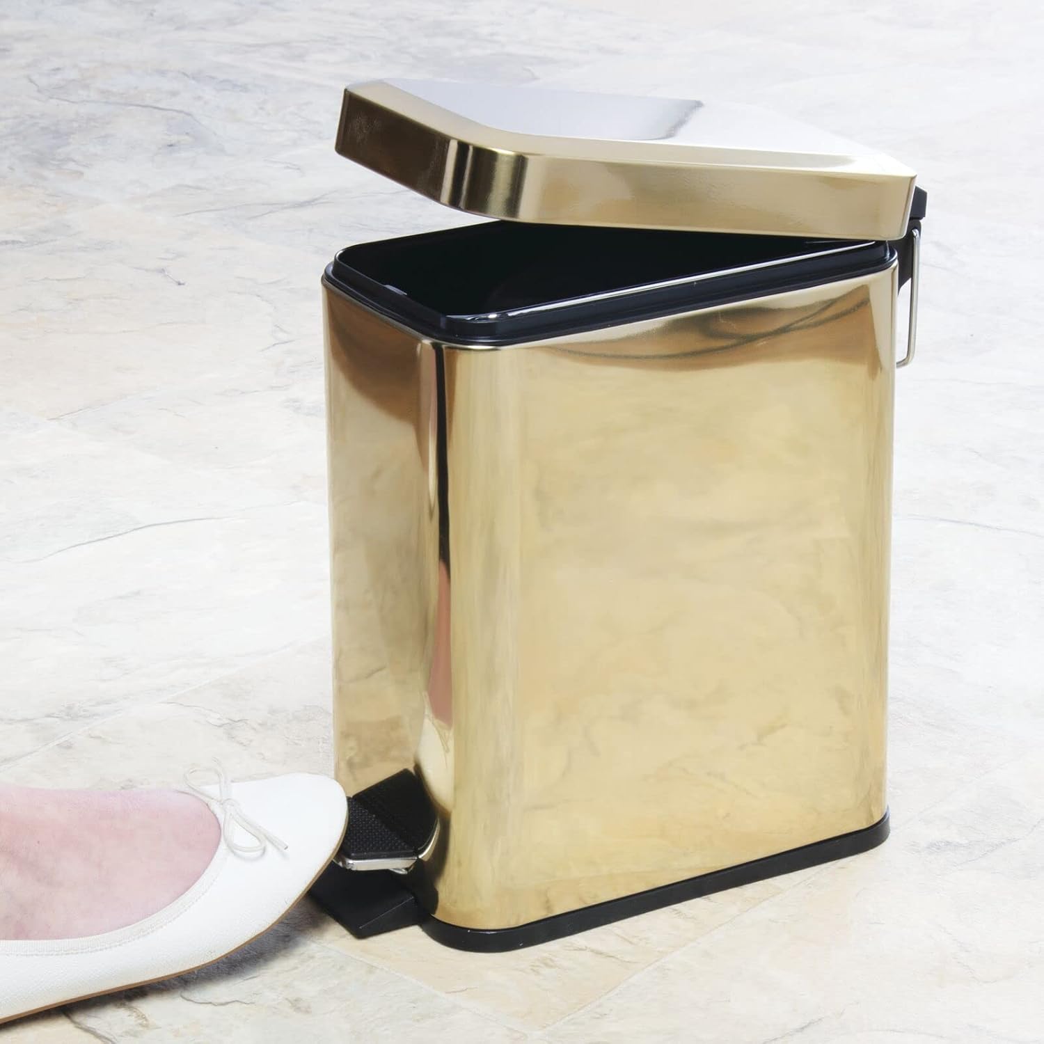 mDesign Metal Toilet Brush with Holder and Step Pedal Trash Can Set