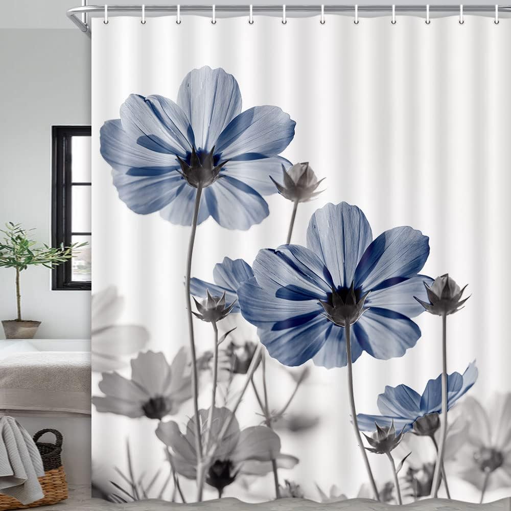 MERCHR Blue Grey Daisy Floral Shower Curtain Set 71x71 Inches