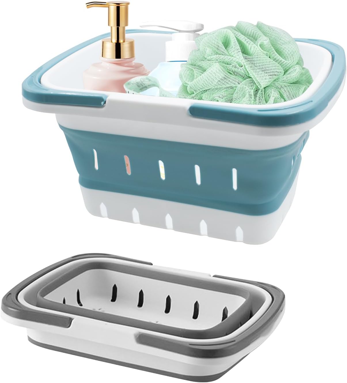 2 PCS Foldable Shower Caddy Baskets Grey and Blue
