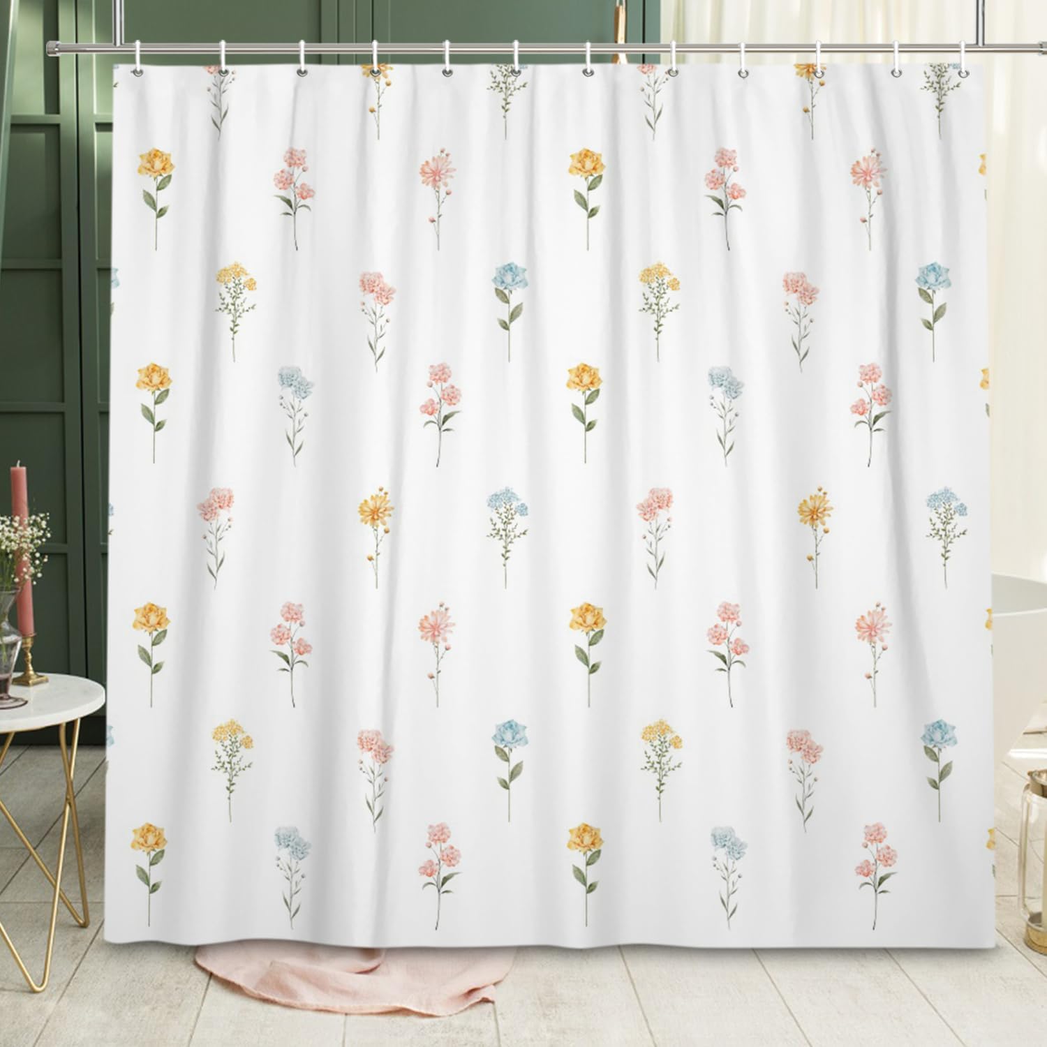 Floral Shower Curtain with Hooks and Waterproof Design