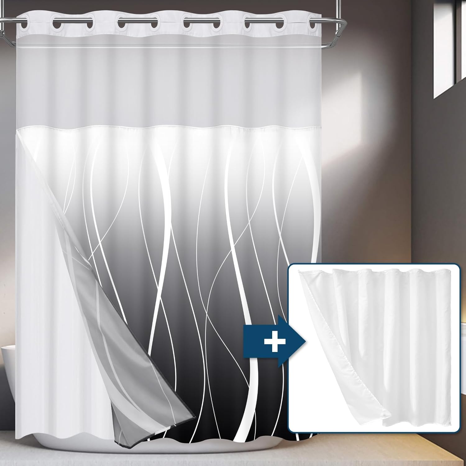 Likiyol Black Ombre No Hook Shower Curtain Set with 2Pcs Liner
