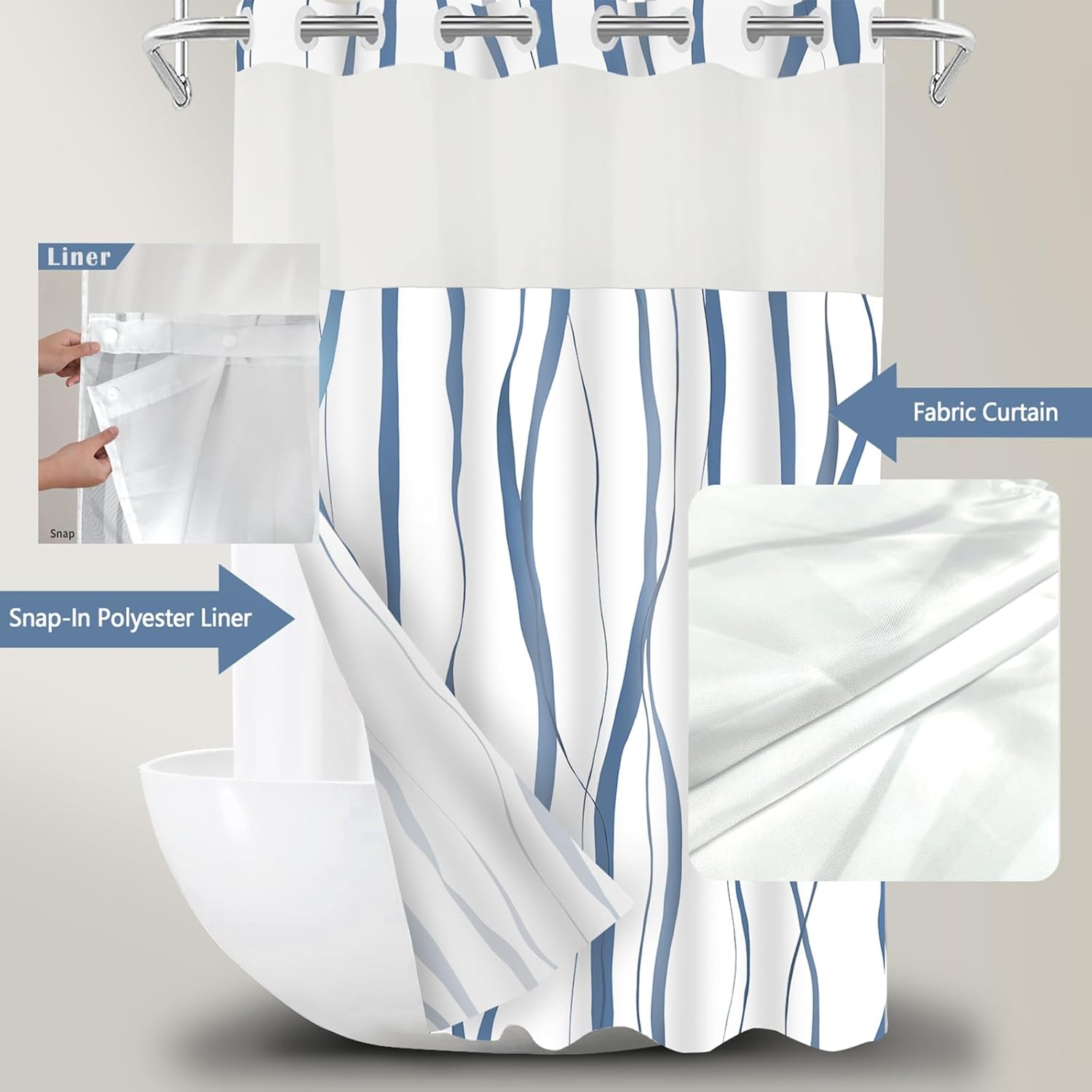 71x84 Inches White Hotel Style Shower Curtain Set with Blue Striped Design
