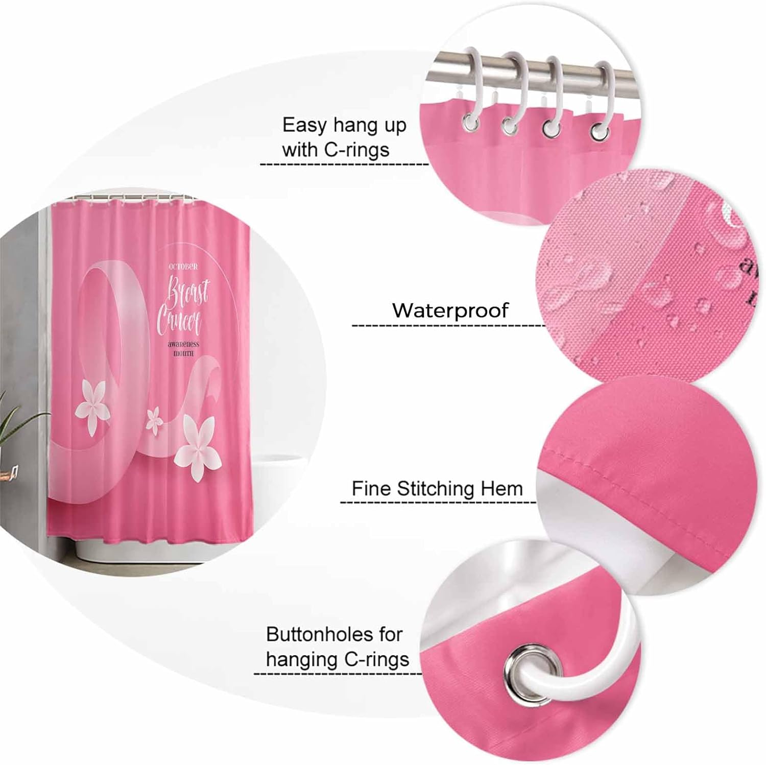 ZOE GARDEN Carefree Breast Cancer Shower Curtain Set with Hooks