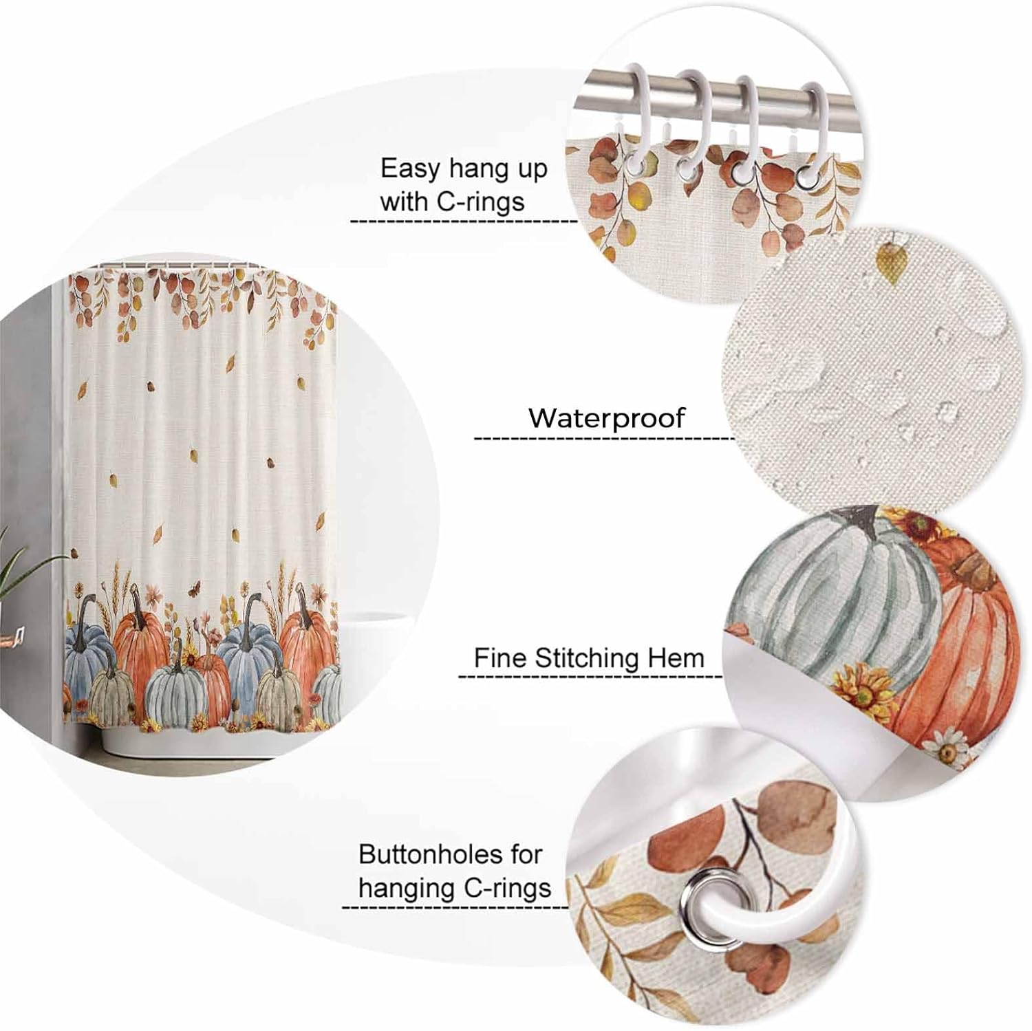 ZOE GARDEN Fall Pumpkins Shower Curtain Set 48x72