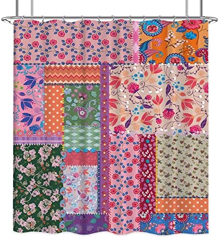 Laifzere Patchwork Boho Floral Shower Curtain Set 60x72 Inch with Hooks