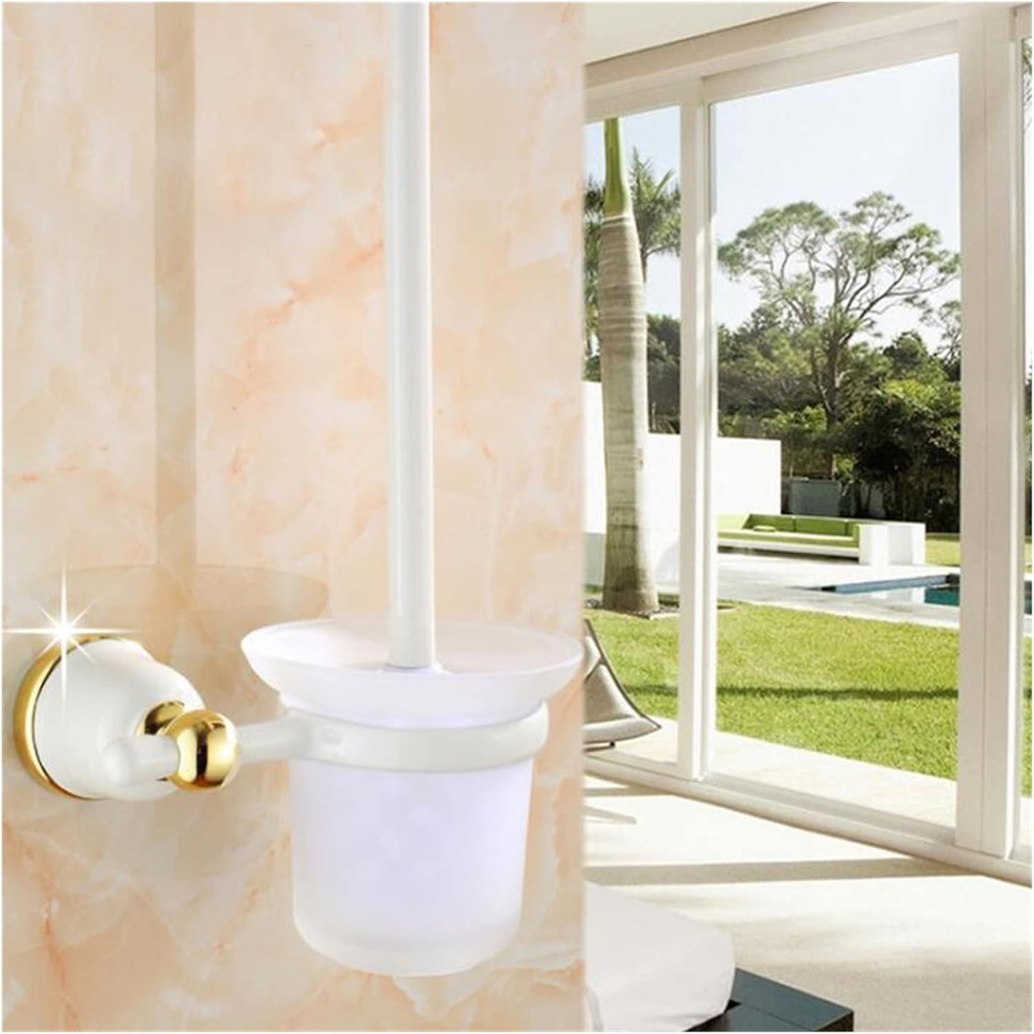 INPETS Porcelain Toilet Brush Holder with Brass Trim