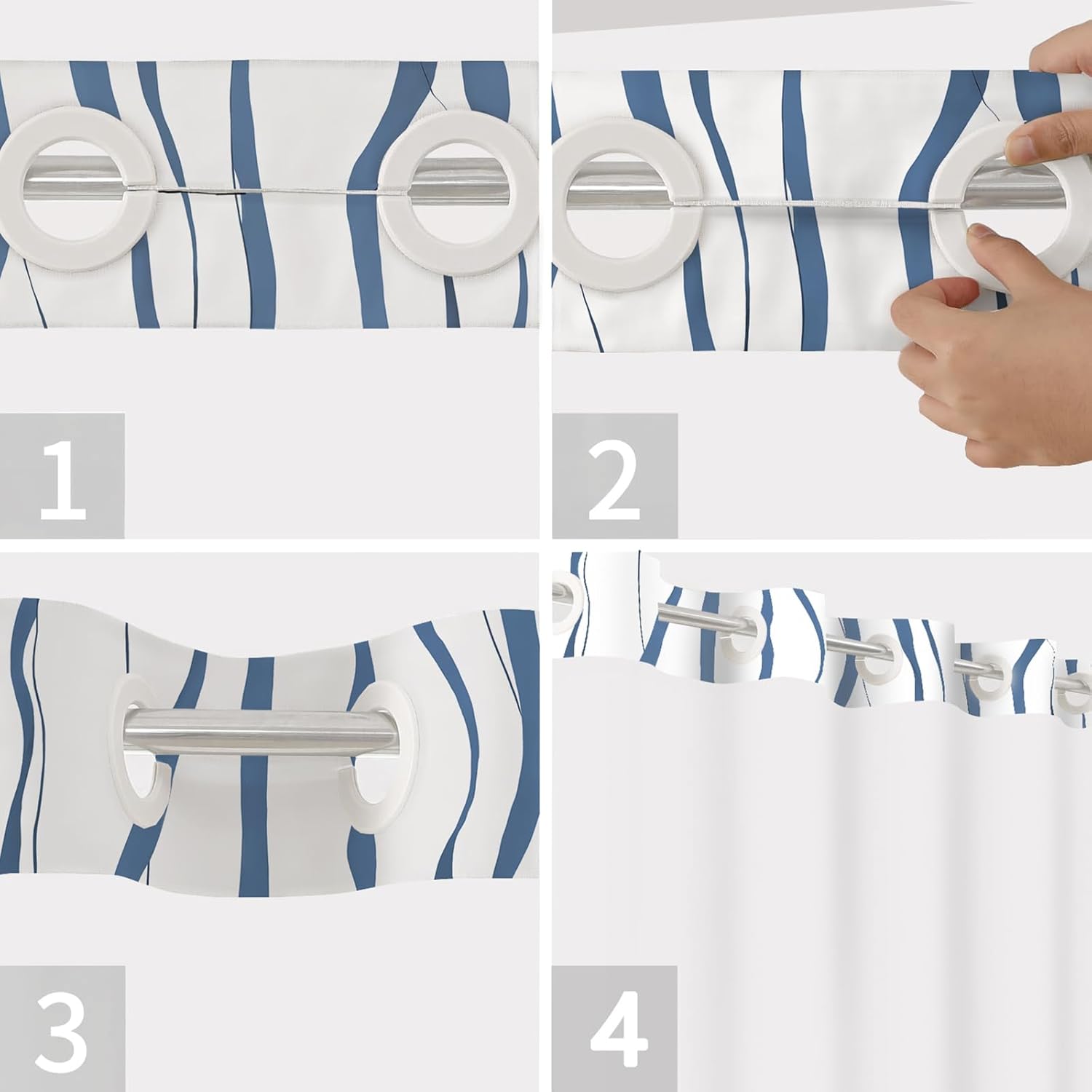 71x84 Inches White Hotel Style Shower Curtain Set with Blue Striped Design