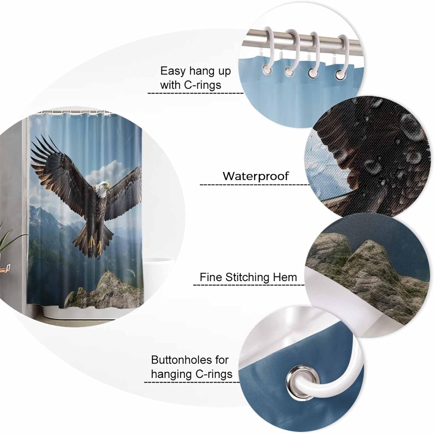Eagle Shower Curtain Set with Hooks 72x72 Inches Waterproof