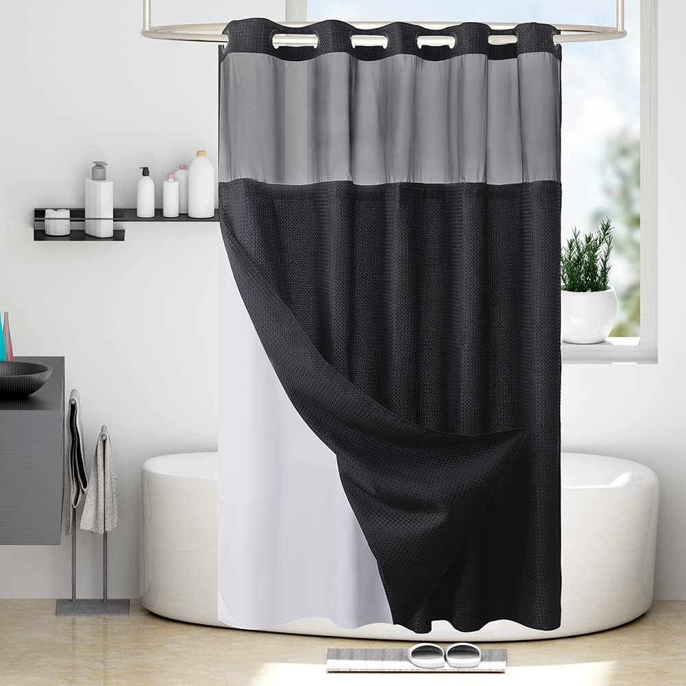 Furlinic No Hook Shower Curtain with Detachable Liner Black 71x78 Inch